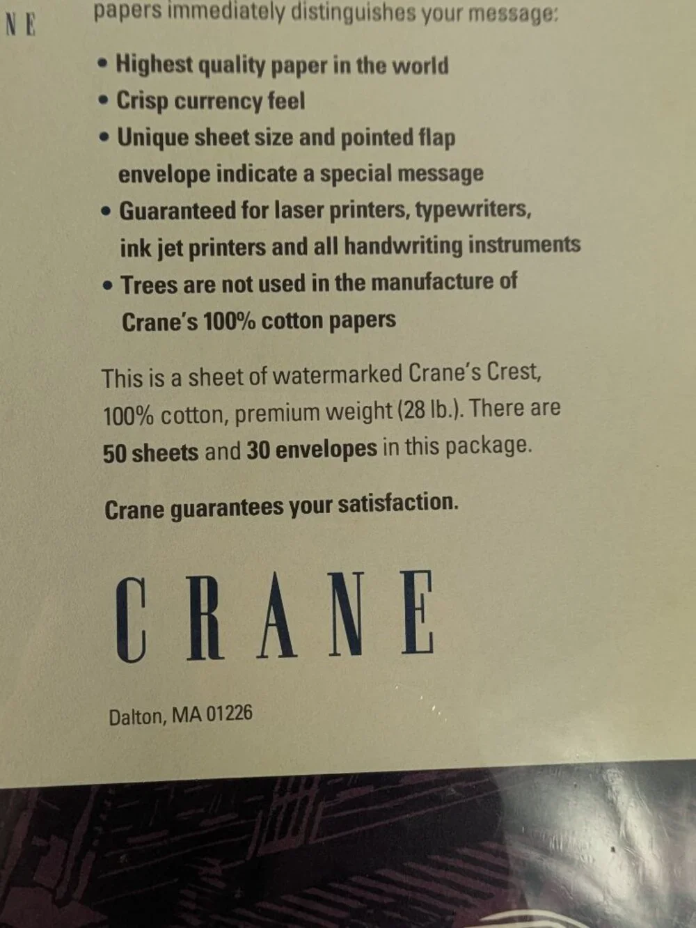 Crane Executive 100% Cotton Premium Weight 20 lb  7 1/3
